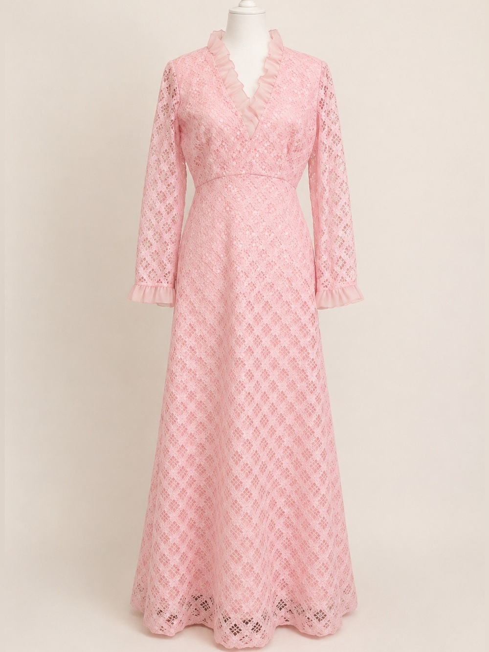 Vintage Liz Berg • Pink Lace Ruffle Collar Maxi Dress 60s-70s • Size S (Est)